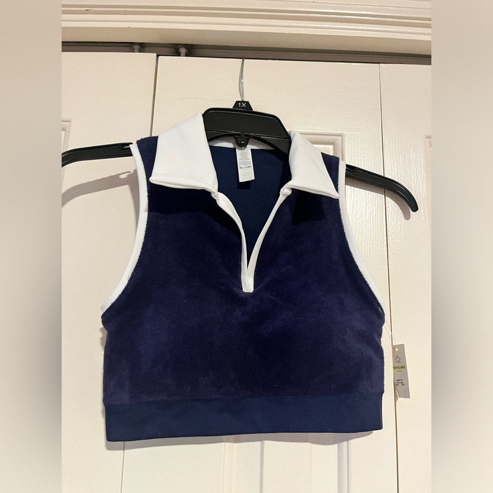 Aerie Offline Women's Navy & White Terry Polo Sports Bra Size Medium